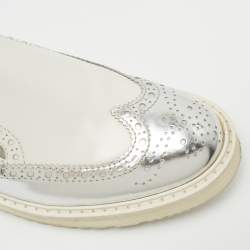 Pre Owned Prada Sport White/Silver Brogue Leather Slip On Sneakers Size 39.5