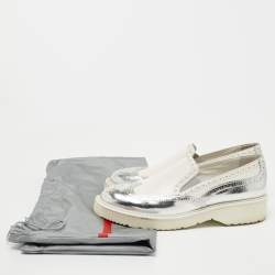 Pre Owned Prada Sport White/Silver Brogue Leather Slip On Sneakers Size 39.5