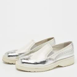 Pre Owned Prada Sport White/Silver Brogue Leather Slip On Sneakers Size 39.5