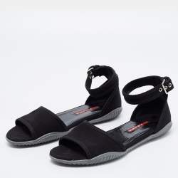 Pre Owned Prada Sport Black Canvas Ankle Strap Flats Size 39.5