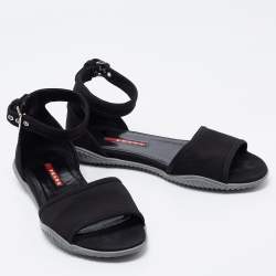 Pre Owned Prada Sport Black Canvas Ankle Strap Flats Size 39.5