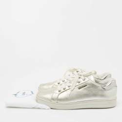 Pre Owned Prada Sport Metallic Silver Leather Low Top Sneakers Size 38.5