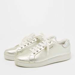 Pre Owned Prada Sport Metallic Silver Leather Low Top Sneakers Size 38.5