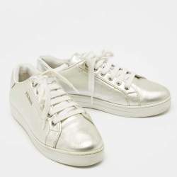 Pre Owned Prada Sport Metallic Silver Leather Low Top Sneakers Size 38.5