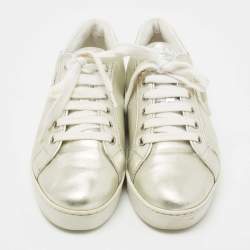Pre Owned Prada Sport Metallic Silver Leather Low Top Sneakers Size 38.5