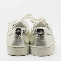 Pre Owned Prada Sport Metallic Silver Leather Low Top Sneakers Size 38.5