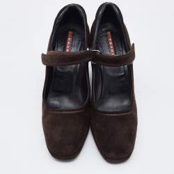 Pre Owned Prada Sport Dark Brown Suede Mary Jane Wedge Pumps Size 39.5