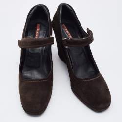 Pre Owned Prada Sport Dark Brown Suede Mary Jane Wedge Pumps Size 39.5