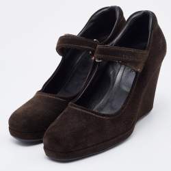 Pre Owned Prada Sport Dark Brown Suede Mary Jane Wedge Pumps Size 39.5