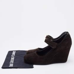 Pre Owned Prada Sport Dark Brown Suede Mary Jane Wedge Pumps Size 39.5