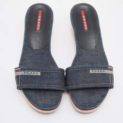 Pre Owned Prada Sport Blue Denim Wedge Slide Sandals Size 38