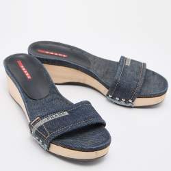 Pre Owned Prada Sport Blue Denim Wedge Slide Sandals Size 38