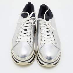 Pre Owned Prada Sport Silver Leather Lace Up Platform Sneakers Size 38.5