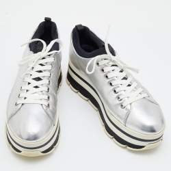 Pre Owned Prada Sport Silver Leather Lace Up Platform Sneakers Size 38.5