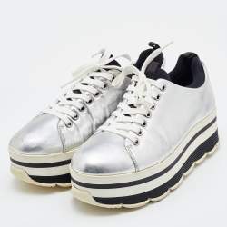 Pre Owned Prada Sport Silver Leather Lace Up Platform Sneakers Size 38.5