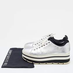 Pre Owned Prada Sport Silver Leather Lace Up Platform Sneakers Size 38.5