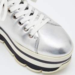Pre Owned Prada Sport Silver Leather Lace Up Platform Sneakers Size 38.5