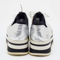 Pre Owned Prada Sport Silver Leather Lace Up Platform Sneakers Size 38.5