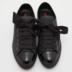 Prada Sport Black Glitter and Leather Logo Low Top Sneakers Size 38
