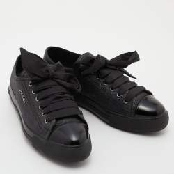 Prada Sport Black Glitter and Leather Logo Low Top Sneakers Size 38
