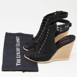 Prada Sport Black Canvas Espadrille Wedge Slingback Sandals Size 38.5