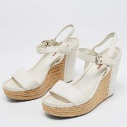 Pre Owned Prada Sport White Leather Espadrille Platform Wedge Sandals Size 38