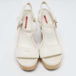 Pre Owned Prada Sport White Leather Espadrille Platform Wedge Sandals Size 38