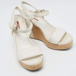 Pre Owned Prada Sport White Leather Espadrille Platform Wedge Sandals Size 38