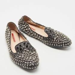 Pre Owned Prada Sport Black Leather Studded Smoking Slippers Size 38.5