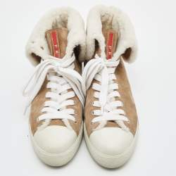 Pre Owned Prada Sport Beige Suede and Fur High Top Sneakers Size 39.5