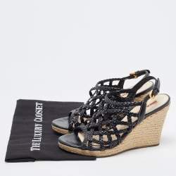 Pre Owned Prada Sport Black Braided Leather Espadrille Wedge Sandals Size 38
