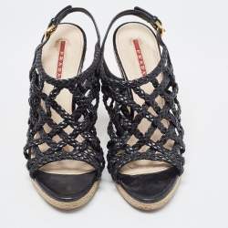 Pre Owned Prada Sport Black Braided Leather Espadrille Wedge Sandals Size 38