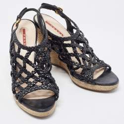 Pre Owned Prada Sport Black Braided Leather Espadrille Wedge Sandals Size 38