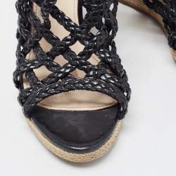 Pre Owned Prada Sport Black Braided Leather Espadrille Wedge Sandals Size 38