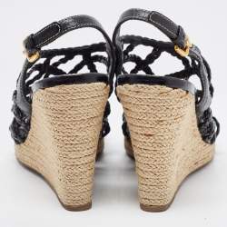 Pre Owned Prada Sport Black Braided Leather Espadrille Wedge Sandals Size 38