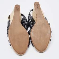 Pre Owned Prada Sport Black Braided Leather Espadrille Wedge Sandals Size 38