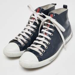 Prada Sport Navy Blue/White Patent Leather and Rubber High Top Sneakers Size 37