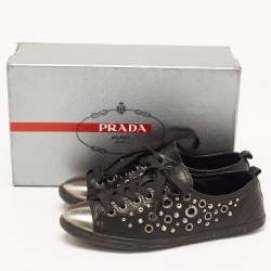 Prada Sport Black Leather Studded Low Top Sneakers Size 37
