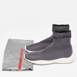 Pre Owned Prada Sport Grey Knit Fabric High Top Sneakers Size 39
