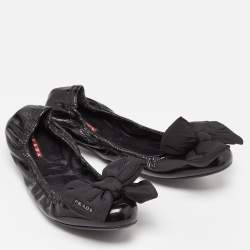 Pre Owned Prada Sport Black Patent Leather Bow Scrunch Ballet Flats Size 40