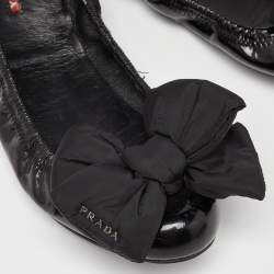 Pre Owned Prada Sport Black Patent Leather Bow Scrunch Ballet Flats Size 40