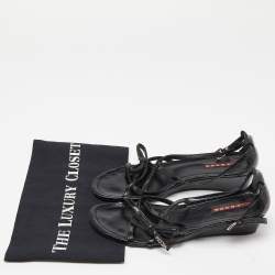 Pre Owned Prada Sport Black Patent Leather Strappy Bow Slingback Wedge Sandals Size 37