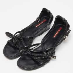 Prada Sport Black Patent Leather Strappy Bow Slingback Wedge Sandals Size 37