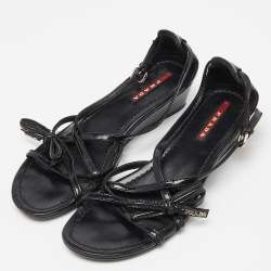 Pre Owned Prada Sport Black Patent Leather Strappy Bow Slingback Wedge Sandals Size 37