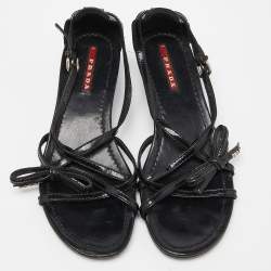 Pre Owned Prada Sport Black Patent Leather Strappy Bow Slingback Wedge Sandals Size 37