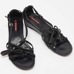 Pre Owned Prada Sport Black Patent Leather Strappy Bow Slingback Wedge Sandals Size 37