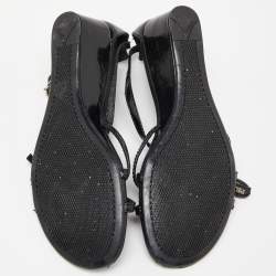 Pre Owned Prada Sport Black Patent Leather Strappy Bow Slingback Wedge Sandals Size 37