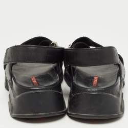 Pre Owned Prada Sport Black Fabric and Leather Cross Strap Slingback Sandals Size 37