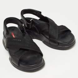 Pre Owned Prada Sport Black Fabric and Leather Cross Strap Slingback Sandals Size 37