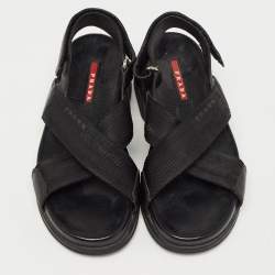 Pre Owned Prada Sport Black Fabric and Leather Cross Strap Slingback Sandals Size 37